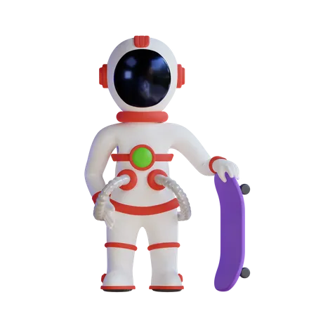 Astronaut Standing With Skateboard  3D Illustration