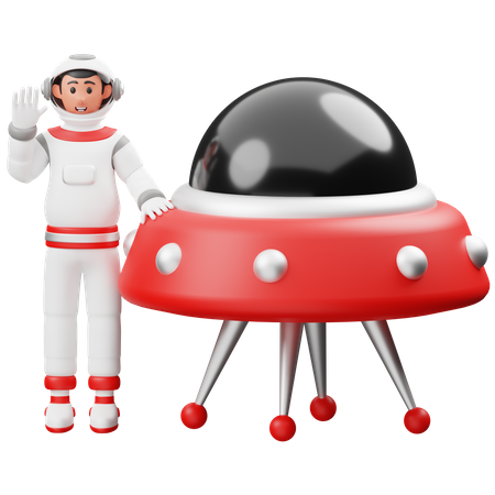 Astronaut steht neben UFO  3D Illustration