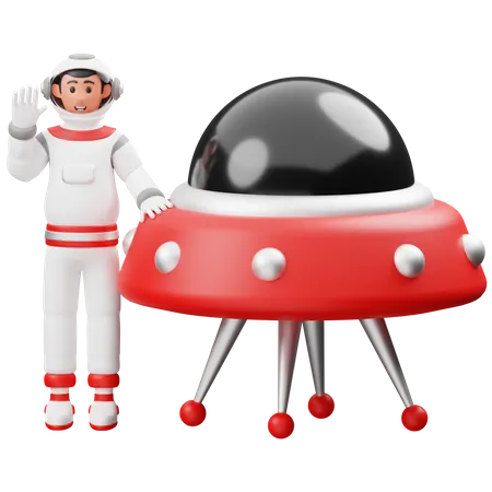 Astronaut steht neben UFO  3D Illustration