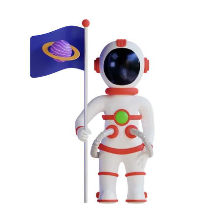 Astronaut steht und hält Flagge  3D Illustration