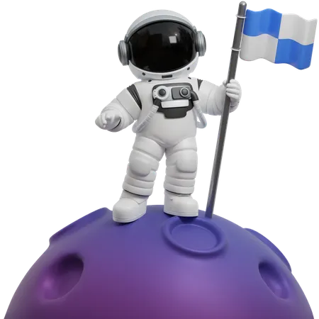 Astronaut hisst Flagge auf dem Mond  3D Illustration