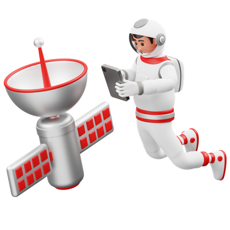 Astronaut steuert Satelliten  3D Illustration