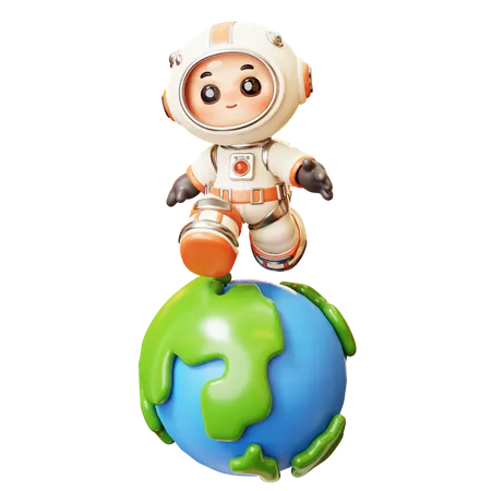 3 D Cute Cartoon Futuristic Astronaut Spaceman Walking On Earth Science Technology Space Fiction Universe Exploration Concept 3D Illustration