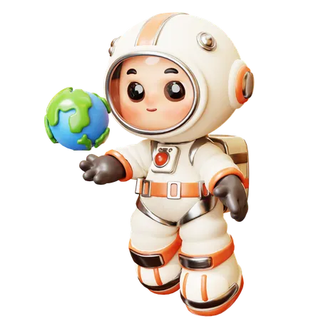 3 D Cute Cartoon Futuristic Astronaut Spaceman With Little Planet Earth Globe Science Technology Space Fiction Universe Exploration Concept 3D Illustration
