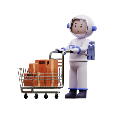 Astronaut With Shopping Cart  3D Illustration