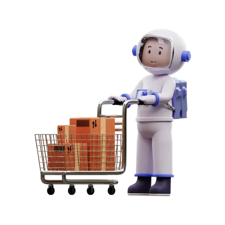 Astronaut With Shopping Cart  3D Illustration