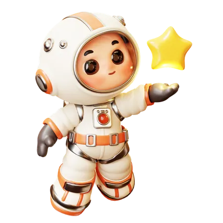 3 D Cute Cartoon Futuristic Astronaut Spaceman With Star Science Technology Space Fiction Universe Exploration Concept 3D Illustration