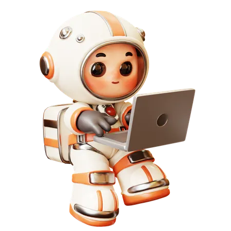 3 D Cute Cartoon Futuristic Astronaut Spaceman Surfing Internet With Laptop Remote Work Science Technology Space Fiction Universe Exploration Concept 3D Illustration