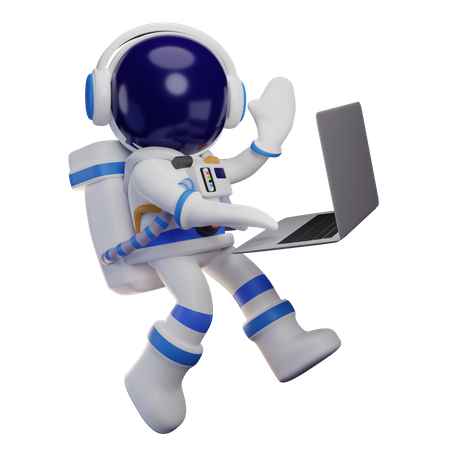 Astronaut Working On Laptop While Waving Hand  3D Illustration