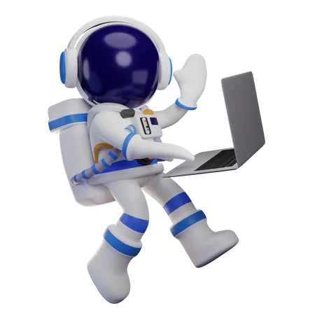 Astronaut Working On Laptop While Waving Hand  3D Illustration