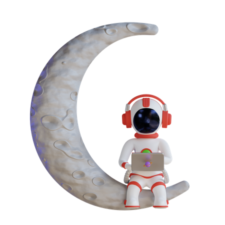 Astronaut Working With Laptop On Moon 3D Illustration