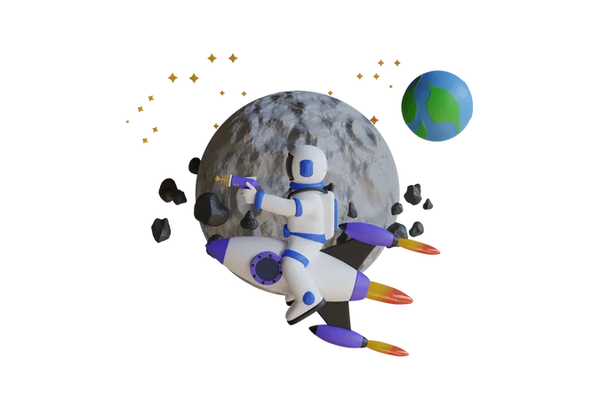 Ilustracao 3 D Do Astronauta Montando Foguete No Espaco Um Astronauta Pilotando Um Foguete Na Frente De Uma Lua Com A Terra Sobre Ela Ilustracao 3 D 3D Illustration