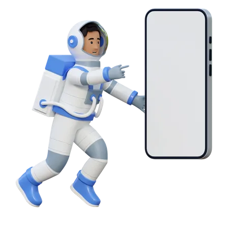 Astronauta señalando la pantalla del teléfono  3D Illustration