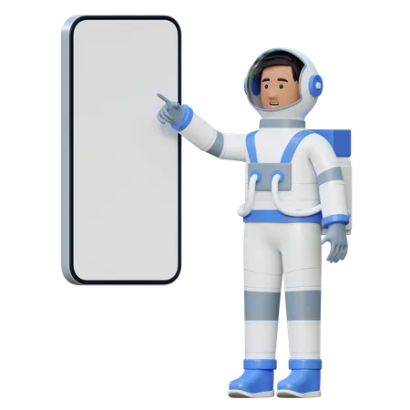 Astronauta señalando la pantalla del teléfono  3D Illustration