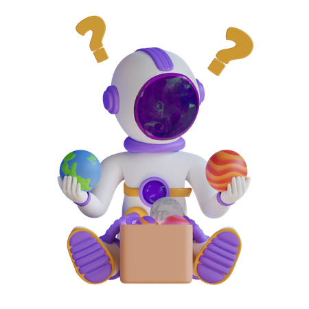 Astronauta brincando com brinquedos espaciais na caixa  3D Illustration