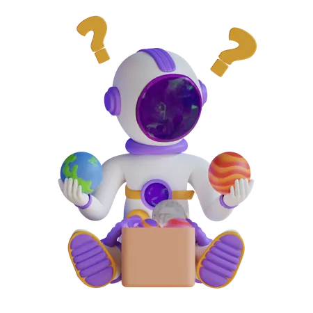 Astronauta brincando com brinquedos espaciais na caixa  3D Illustration