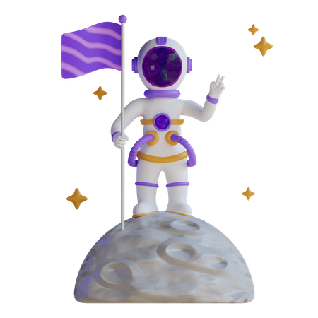 Astronauta com bandeira na lua  3D Illustration