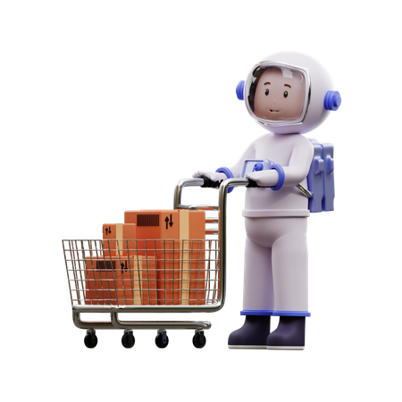 Astronauta com carrinho de compras  3D Illustration