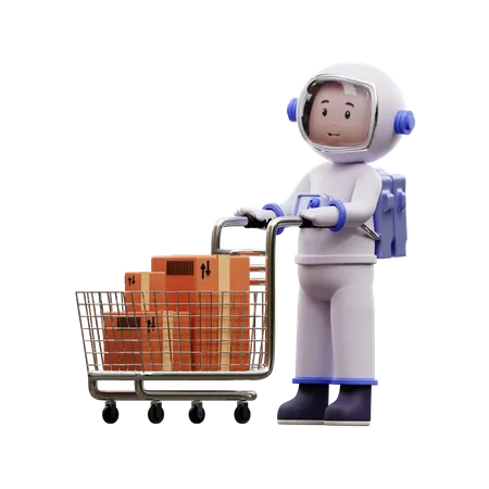 Astronauta com carrinho de compras  3D Illustration