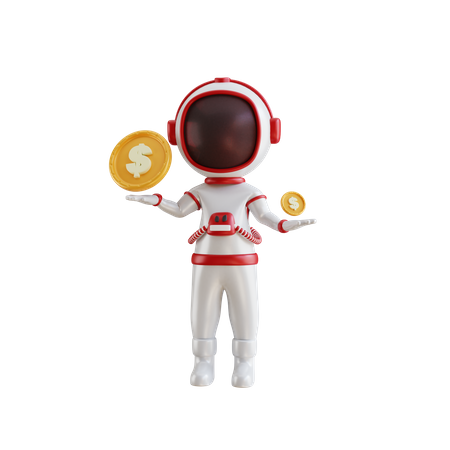 Astronauta com moedas de dólar  3D Illustration
