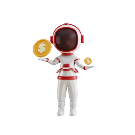 Astronauta com moedas de dólar  3D Illustration