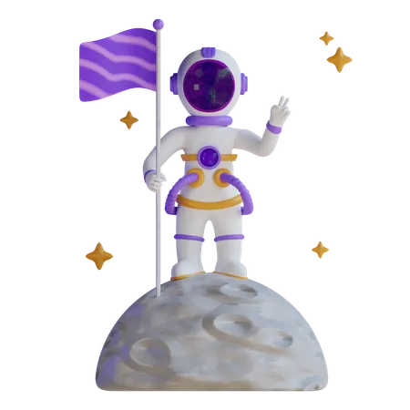 Astronauta con bandera en la luna  3D Illustration