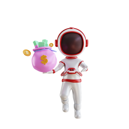 Astronauta con bolsa de dinero  3D Illustration