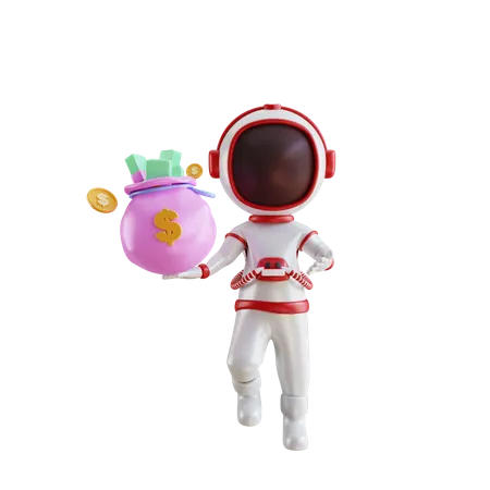 Astronauta con bolsa de dinero  3D Illustration