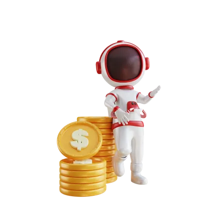 Personaje De Astronauta 3 D Con Pila De Monedas De Un Dolar 3D Illustration
