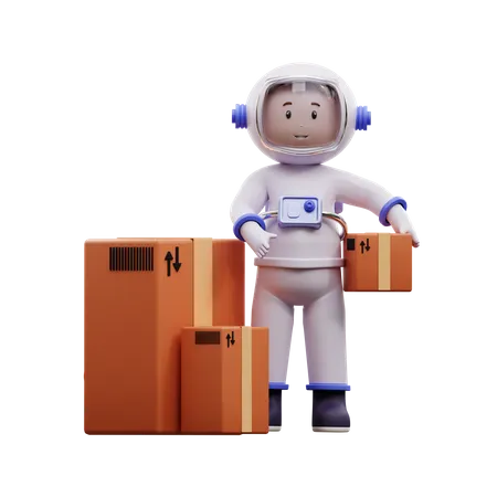 Astronauta con paquete de caja  3D Illustration