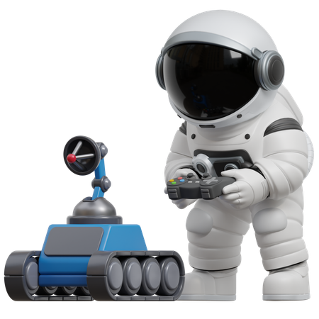 Astronauta controlando robô lunar  3D Illustration