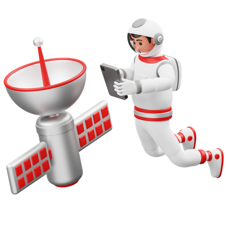Astronauta controlando el satélite  3D Illustration