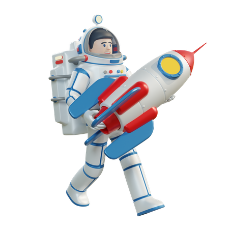 Astronauta de desenho animado em um traje espacial carrega um foguete espacial nos braços  3D Illustration