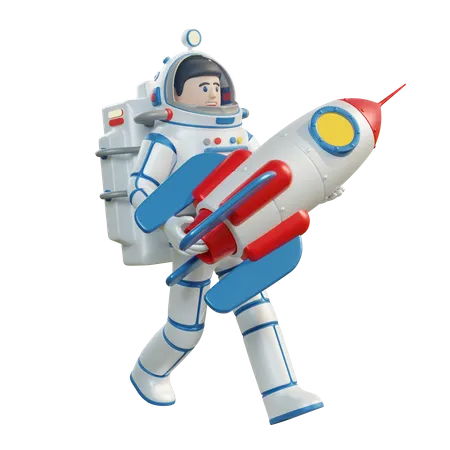 Astronauta De Desenho Animado Em Um Traje Espacial Carrega Um Foguete Espacial Nos Bracos 3D Illustration