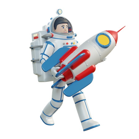 Astronauta de desenho animado em um traje espacial carrega um foguete espacial nos braços  3D Icon