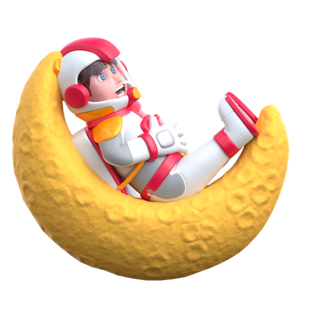 Astronauta de desenho animado na lua crescente  3D Illustration