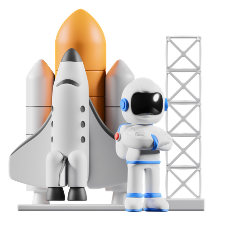 Astronauta de pie junto al lanzamiento del cohete  3D Illustration
