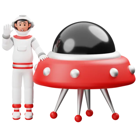 Astronauta parado al lado de un ovni  3D Illustration
