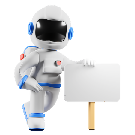 Astronauta em pé ao lado de uma placa branca em branco  3D Illustration