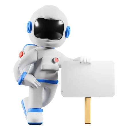 Astronauta em pé ao lado de uma placa branca em branco  3D Illustration