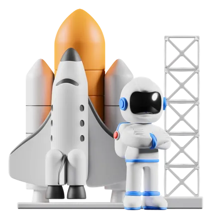 Astronauta em pé ao lado do lançamento do foguete  3D Illustration