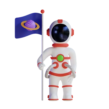 Astronauta em pé e segurando uma bandeira  3D Illustration