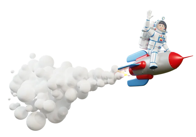 Astronauta 3 D Em Traje Espacial Andando Em Foguete Que Libera Chamas E Fumaca Renderizacao 3 D Ilustracao 3 D 3D Illustration
