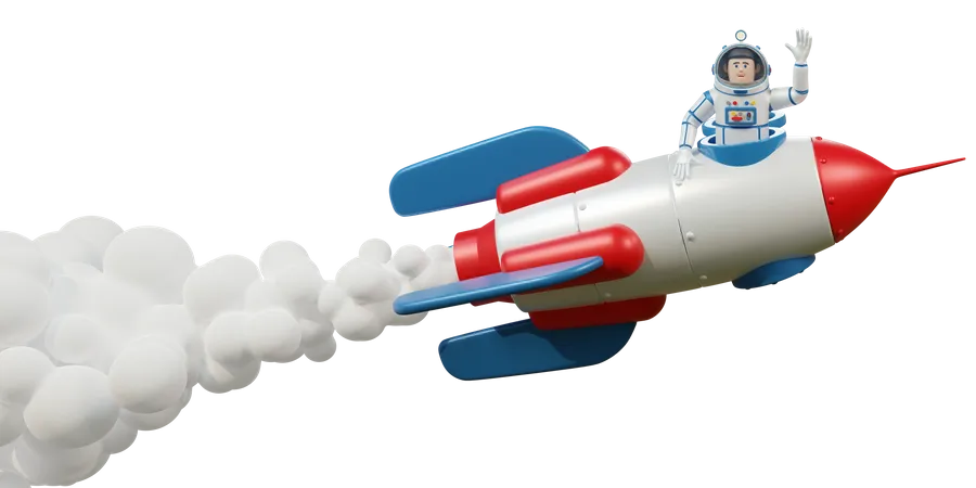 Astronauta Em Traje Espacial Voa Em Foguete E Acena Com A Mao Foguete Com Astronauta E Fumaca De Exaustao 3D Illustration