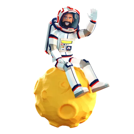 Astronauta 3 D Em Um Traje Espacial Sentado Na Lua Acenando E Sorrindo Estilo De Desenho Animado Low Poly As Texturas Estao Incluidas Em Arquivos PNG 3D Illustration