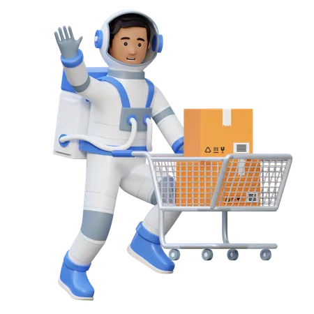 Astronauta empujando carrito de compras  3D Illustration