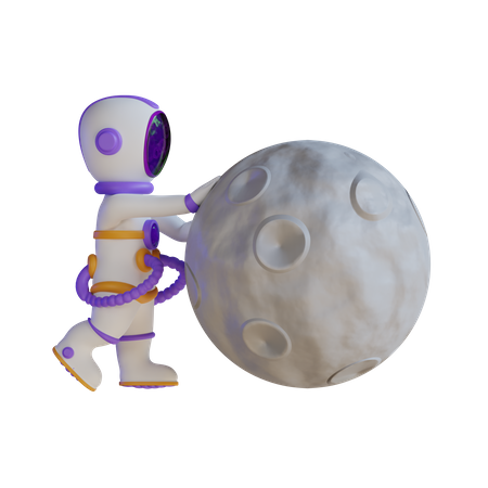 Astronauta empurrando a lua  3D Illustration