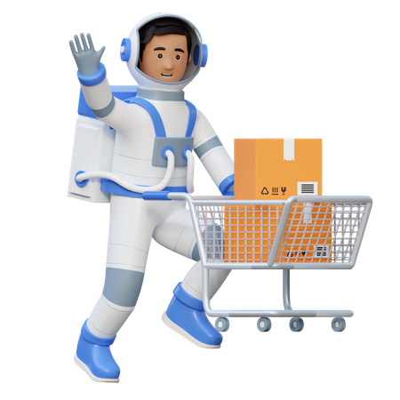 Astronauta empurrando carrinho de compras  3D Illustration
