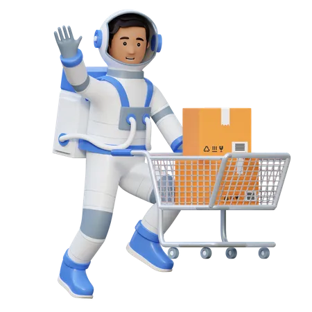 Astronauta empurrando carrinho de compras  3D Illustration
