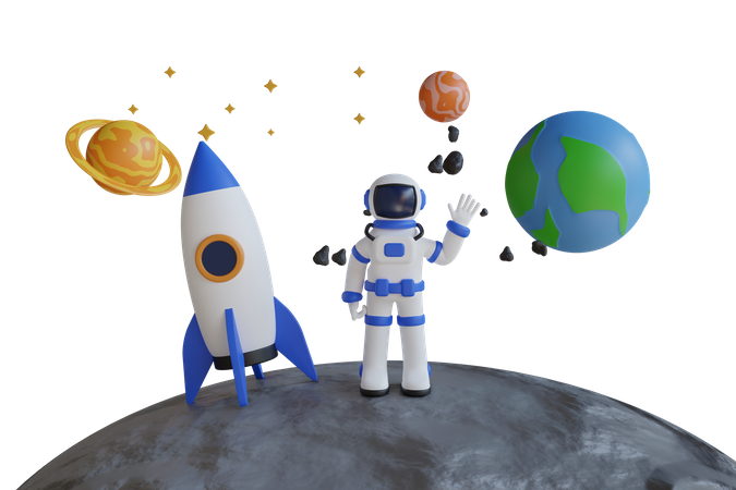 Astronauta en la luna con cohetes y planetas  3D Illustration